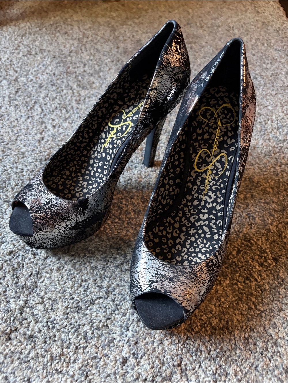 Jessica Simpson Metallic Black & Silver Peep-Toe Stiletto Heels